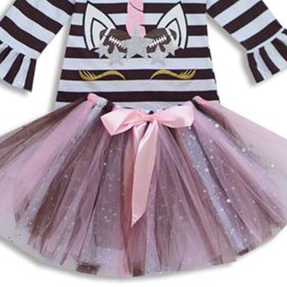 2 Pieces Skirt Set Unicorns Baseball T-Shirt Top Tutu Tulle Skirt Set Litte Girl - Picture 2 of 8